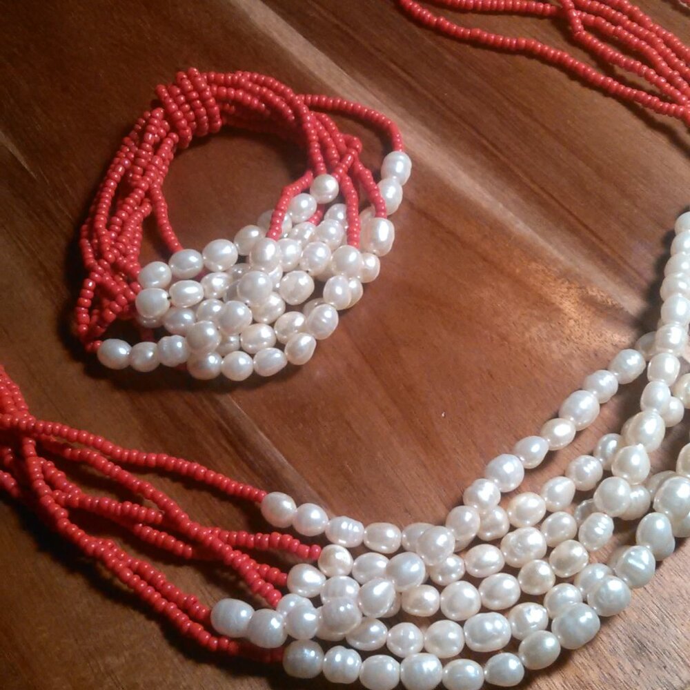 Red Seed Bead and Faux White Pearl Multi-Strand Necklace and Bracelet Set